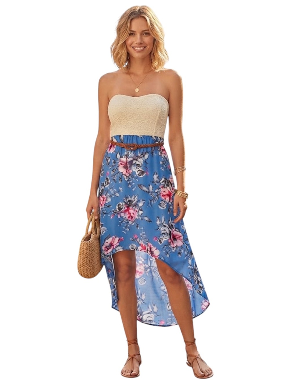 ARDENE Cottagecore Floral Hi Lo Fit Dress Lace Front Belted Blue S - Picture 2 of 11